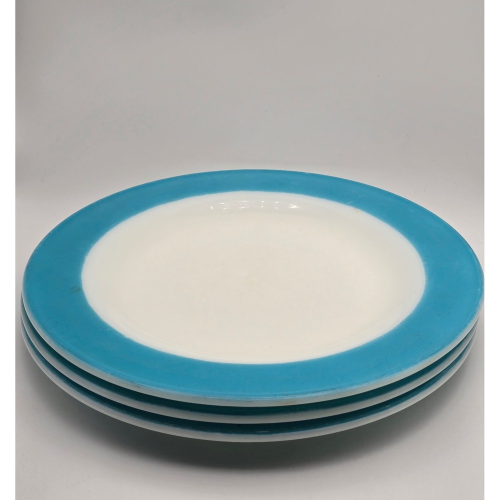 Vintage Pyrex Dinner Plates 9in Teal Turquoise Rimmed Milk Glass Set of 3